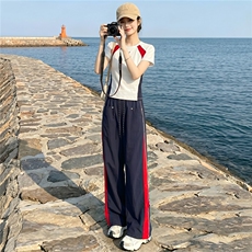 潮流时尚休闲运动套装女夏季新款显瘦竖纹圆领短袖上衣长裤两件套，女装套装/套裙，江南