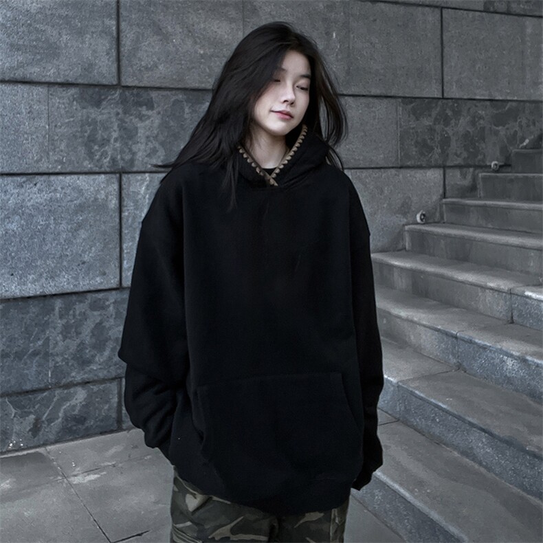 抖音得物高品质二开25秋冬美式重磅宽松纯色连帽贝壳刺绣卫衣W63,男装卫衣,电商A486
