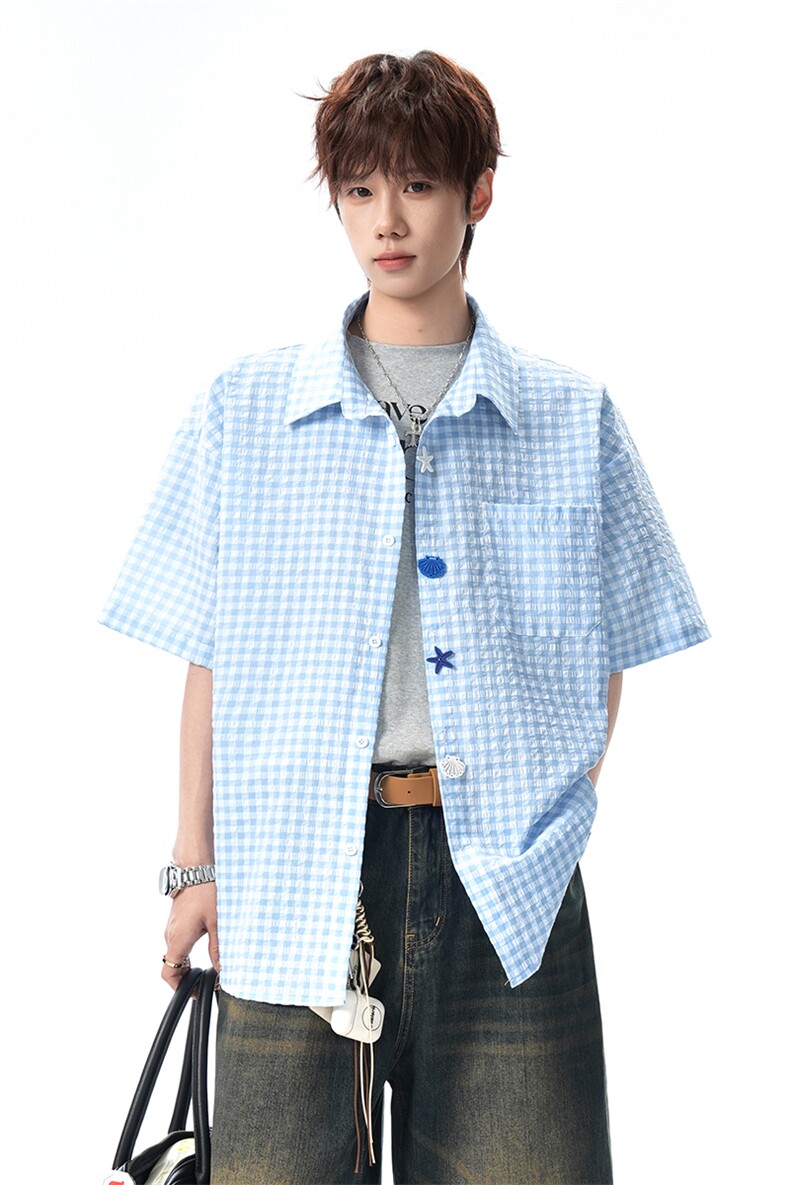 2026夏季新款格子纽扣宽松短袖衬衫男CD6401-特P32建议零售价78,男装T恤,电商A001