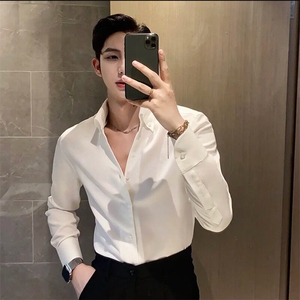 V领白色衬衫男长袖春秋季男装商务正装休闲修身衬衣 CA697图片