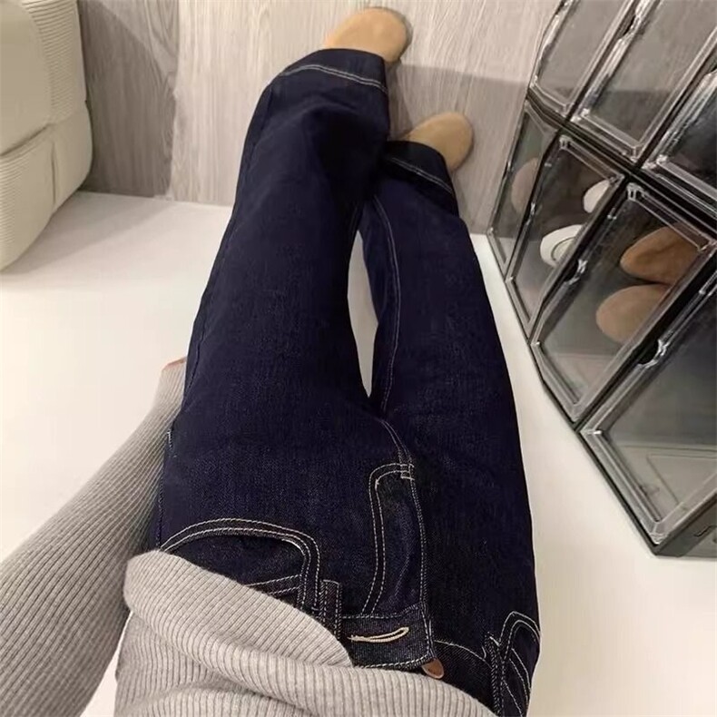 深蓝色不贴腿微喇牛仔裤女秋季小个子辣妹加绒高腰显瘦马蹄喇叭裤,男装牛仔裤,星座506A