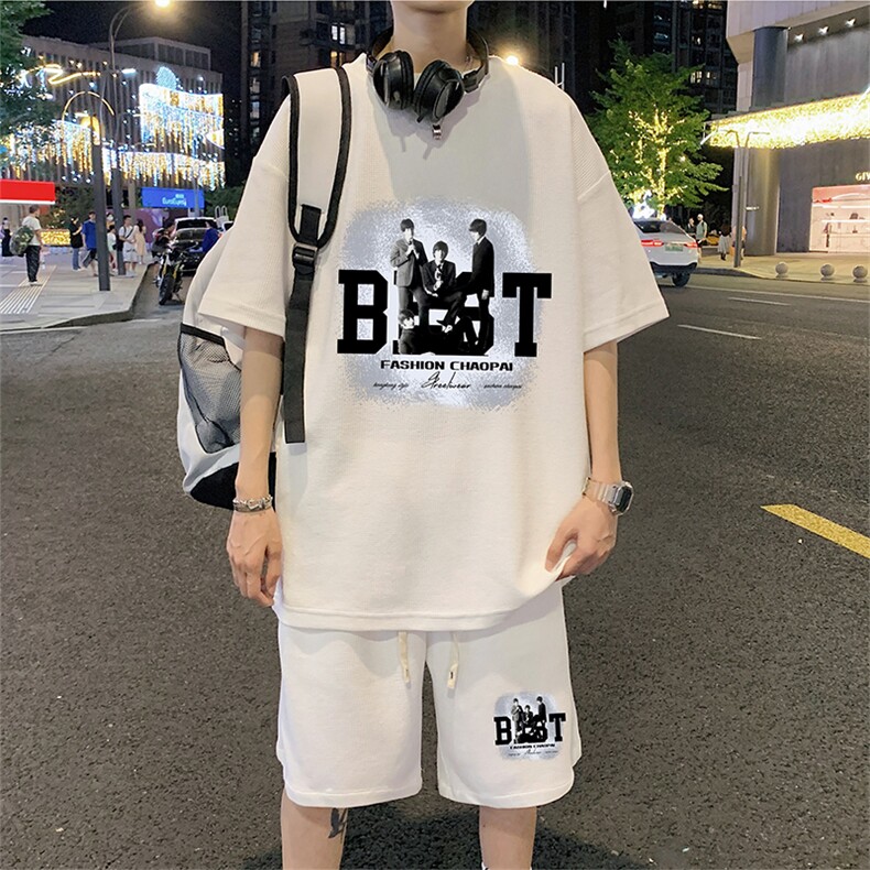 ！2024夏季新款男士百搭华夫格套装潮流学生一套HTZ31P50,男装T恤,电商B220