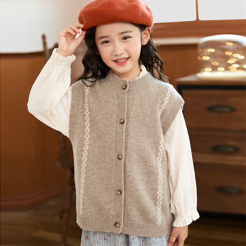 秋冬季新款舒适时尚百搭双色提花圆领羊毛马甲开衫，童装马甲，伊绒腾羊绒