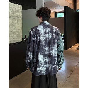 CS1152-特批38 控68 秋季新款新中式撞色拼接长袖冰丝衬衫大码男图片