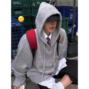 毛绒绒连帽羊毛衣 重磅针织浅花灰秋冬加厚保暖帽衫图片