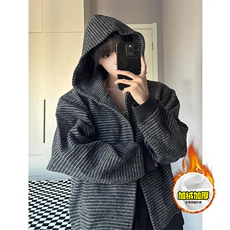480G重磅加绒硬挺boxy男女秋冬美式高街条纹毛呢卫衣开衫厚外套，女装短外套，电商A486-1