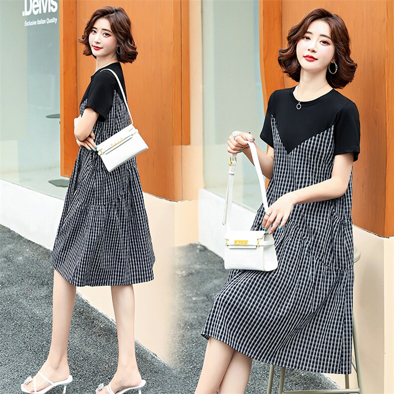 新款2021年夏季韩版假两件中裙短袖圆领口袋连衣裙，女装连衣裙，蓝诺裳