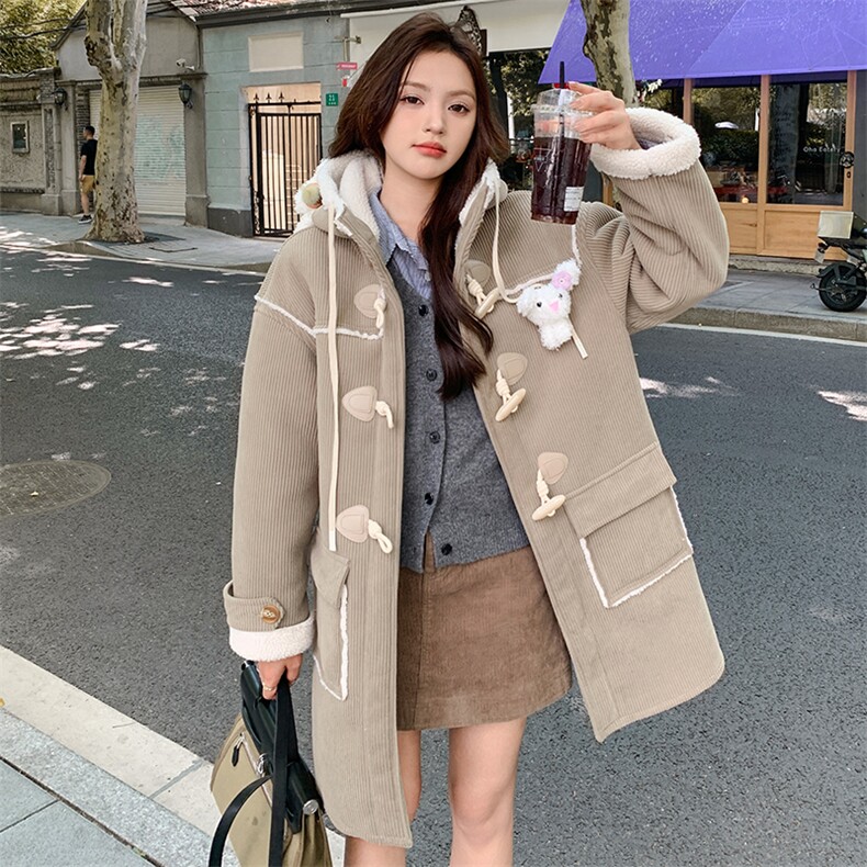 连帽灯芯绒皮毛一体外套可爱可拆卸玩偶棉服,女装棉衣/棉服,天使之佳话