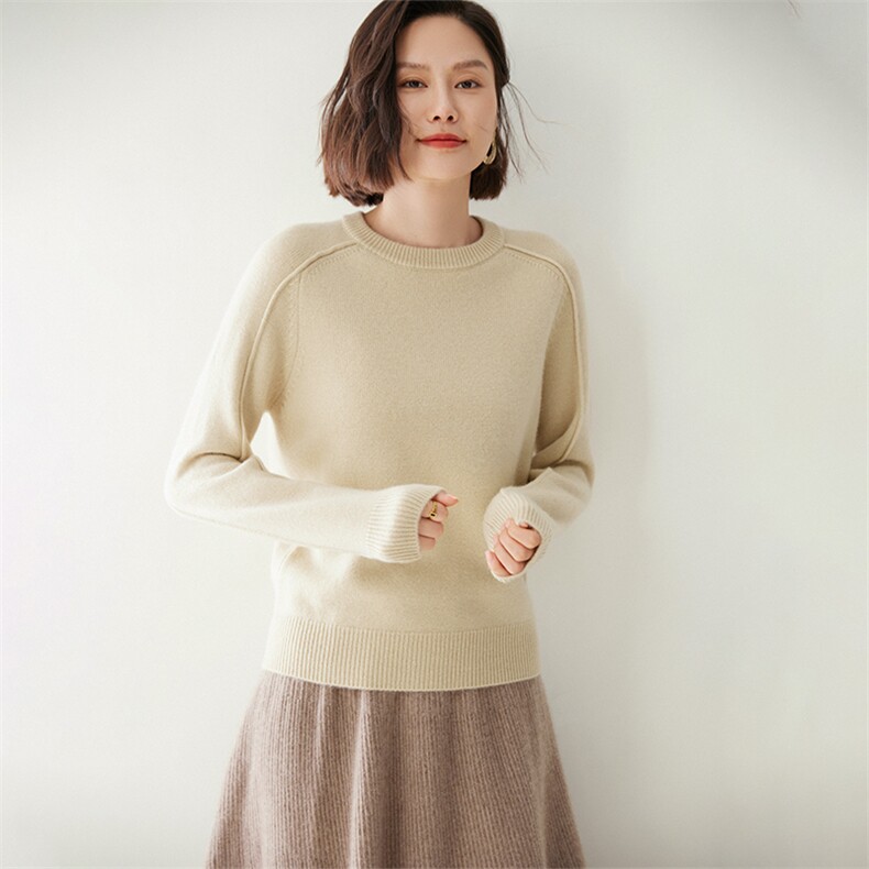 时尚插肩圆领女士羊绒衫舒适保暖优雅百搭,女装羊绒衫,迎冬羊绒