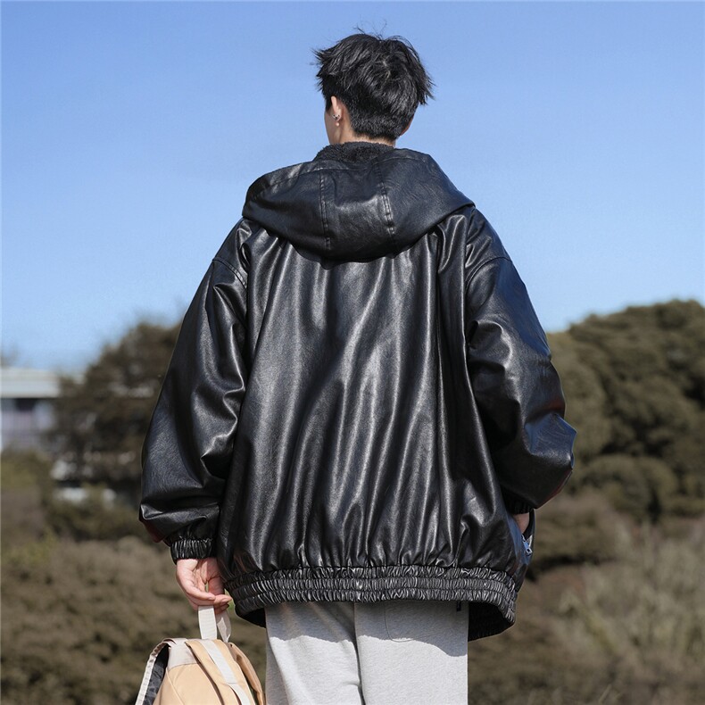 冲锋衣连帽刺绣皮夹克机车PU皮衣外套常规特P95控158加绒+20,男装夹克,电商B370