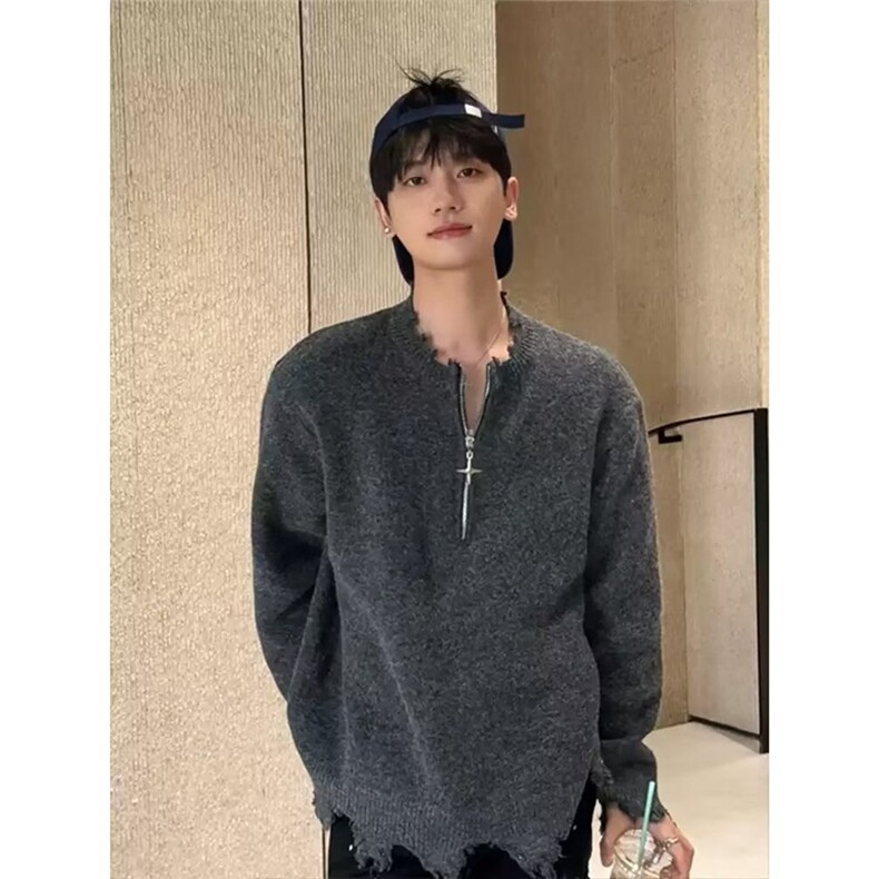 半拉链破洞破坏毛衣男时尚痞帅宽松情侣毛边针织衫513AMY2799P46，男装针织衫/毛衣，星座513A