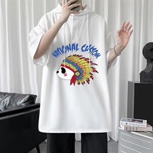 LD54196-P45 连帽短袖t恤男大码胖子带帽五分袖中袖图片