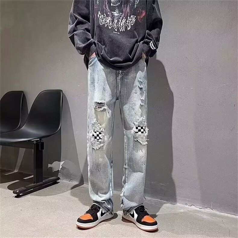 美式假破洞牛仔裤男ins高街设计感直筒长裤痞帅炸街裤子N1088-p42图片