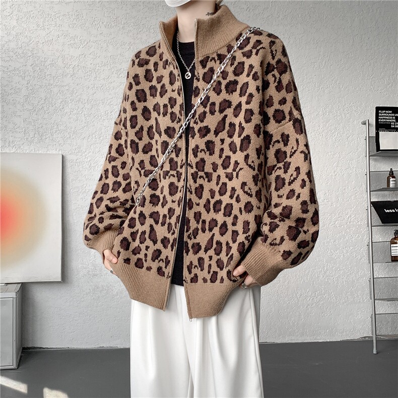 MY7151-特P75复古百搭豹纹针织衫外套男新款宽松慵懒风开衫毛衣，男装针织衫/毛衣，电商A059