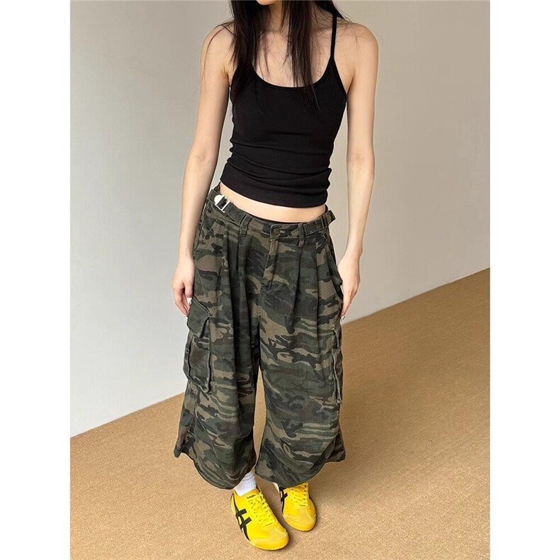 美式复古男女街头迷彩工装大口袋宽松直筒阔腿七分裤，女装牛仔裤，星座506A