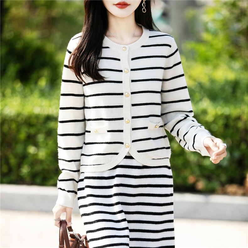 2025百搭时尚简约条纹开衫套裙，女装套装/套裙，蒙特羊绒