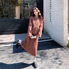 高级感红色毛呢小香风套装裙女2025秋冬气质羊毛外套半身裙两件套，女装套装/套裙，2C332
