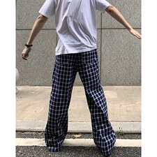 美式高街潮牌男女泡泡格子休闲裤直筒宽松慵懒显瘦阔腿休闲长裤子，男装休闲裤，电商A443