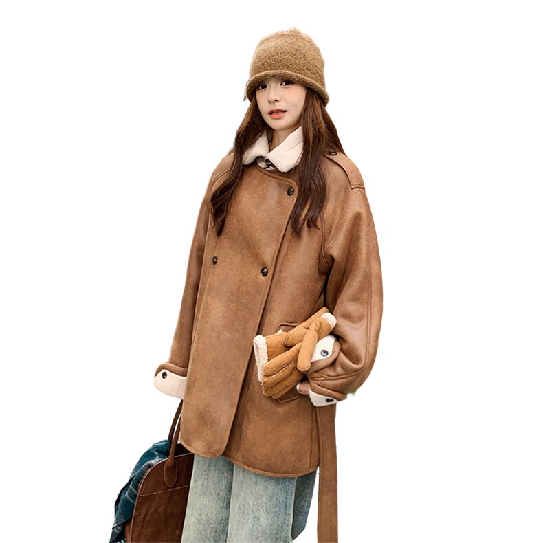 新品咖色皮毛一体中长款加厚外套5801-P215-K308,女装派克服,2C159