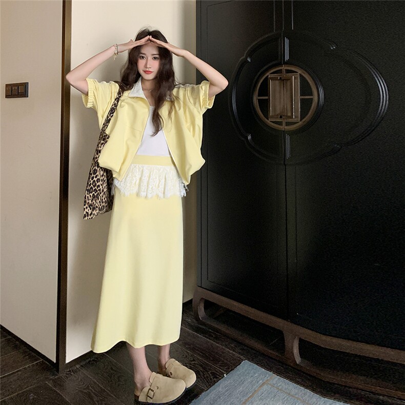 奶黄色运动休闲套装裙女2025夏新款蕾丝拼接短袖卫衣半身裙两件套,女装套装/套裙,2C129