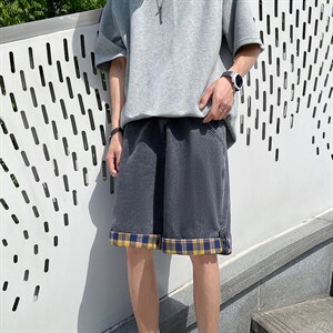 ins情侣宽松格子翻边夏季薄款五分裤子牛仔短裤男 A125-DK16-P38图片