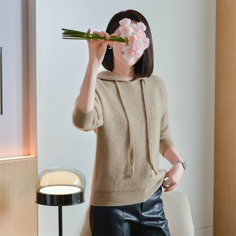 女士纯色秋季新款时尚显瘦双线四平连帽羊毛衫,女装羊毛衫,宋氏羊绒