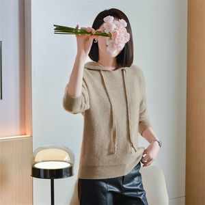 女士纯色秋季新款时尚显瘦双线四平连帽羊毛衫图片