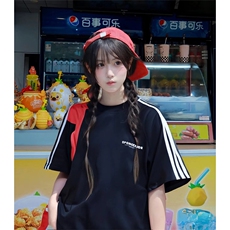 抖音得物供货240克宽松纯棉美式潮牌印花三杠全带短袖T恤AT1402，男装T恤，电商A443