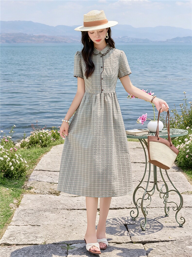学院风格纹连衣裙女春夏收腰显瘦中长裙格子裙子,女装连衣裙,水衣源