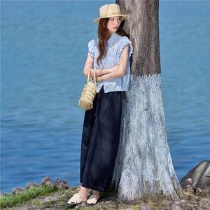 2026年夏季新款木耳边甜美衬衫阔腿裤两件套套装女图片