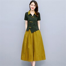 高端复古棉麻连衣裙女夏季2024新款休闲显瘦条纹亚麻套装裙两件套，女装套装/套裙，布芭啦