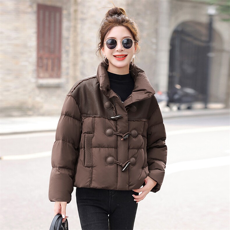 重工PU蛋白皮拼接加厚羽绒服外套女装2025冬季新款女宽松减龄上衣,女装羽绒服,意芙