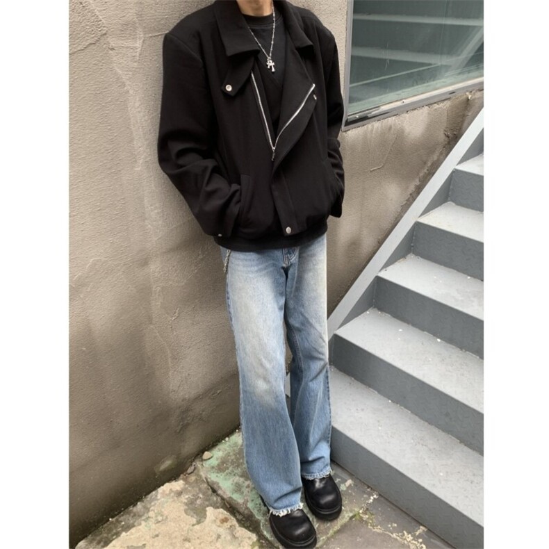 （现货）自制款纽扣斜拉链襟翻领垫肩短款夹克外套男,男装夹克,星座910A
