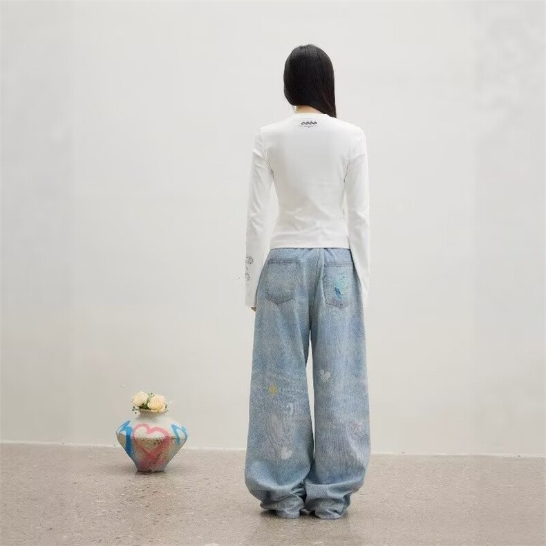 重磅直筒显瘦卡通印花拖地裤子男女水洗做旧复古微喇叭牛仔裤,男装牛仔裤,星座506A