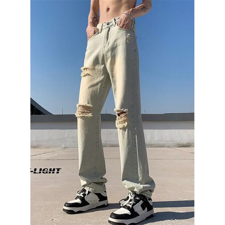 高街夏季hiphop黄泥破洞拉链直筒牛仔裤男宽松休闲长裤N8835,男装牛仔裤,星座1116A（原606A-3）