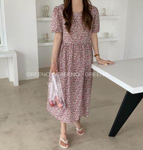 方领碎花连衣裙，女装连衣裙，GREENO