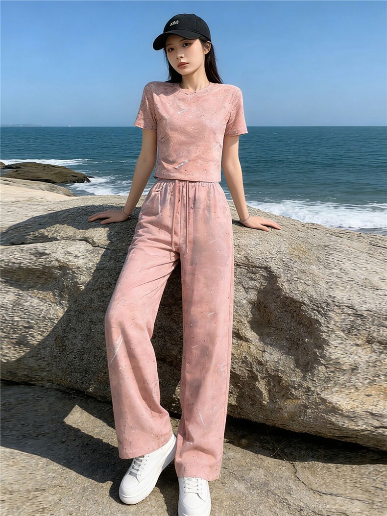 潮牌时尚休闲运动套装女夏季新款粉色扎染圆领短袖上衣长裤两件套,女装套装/套裙,江南