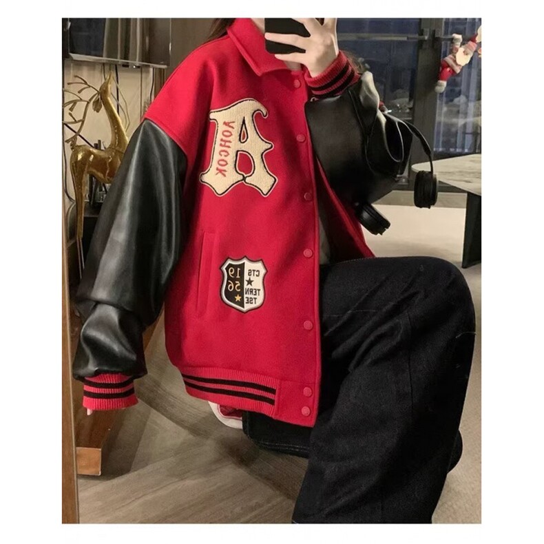秋冬美式重工多刺绣大学皮袖毛呢棉潮牌情侣款加厚棒球服夹克,男装夹克,星座410-7