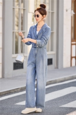 （新款现货）2026春装时尚显瘦西装领工装牛仔阔腿腰带连体裤女，女装连体裤，印象茜