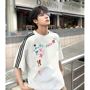 抖音得物高品质二开240克宽松纯棉美式潮牌三条杠织带短袖T恤图片