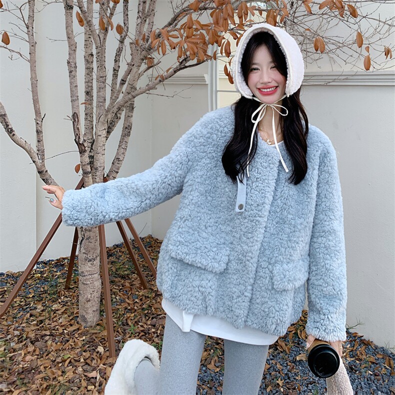 韩系温柔皮毛一体外套女2025冬季甜美浅蓝色加厚保暖软糯毛绒外套,女装皮草,2C056