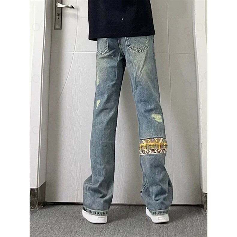 网图有货半松紧磨破民族风腰果花拼接微喇牛仔裤男女A587-P58，男装牛仔裤，星座1505