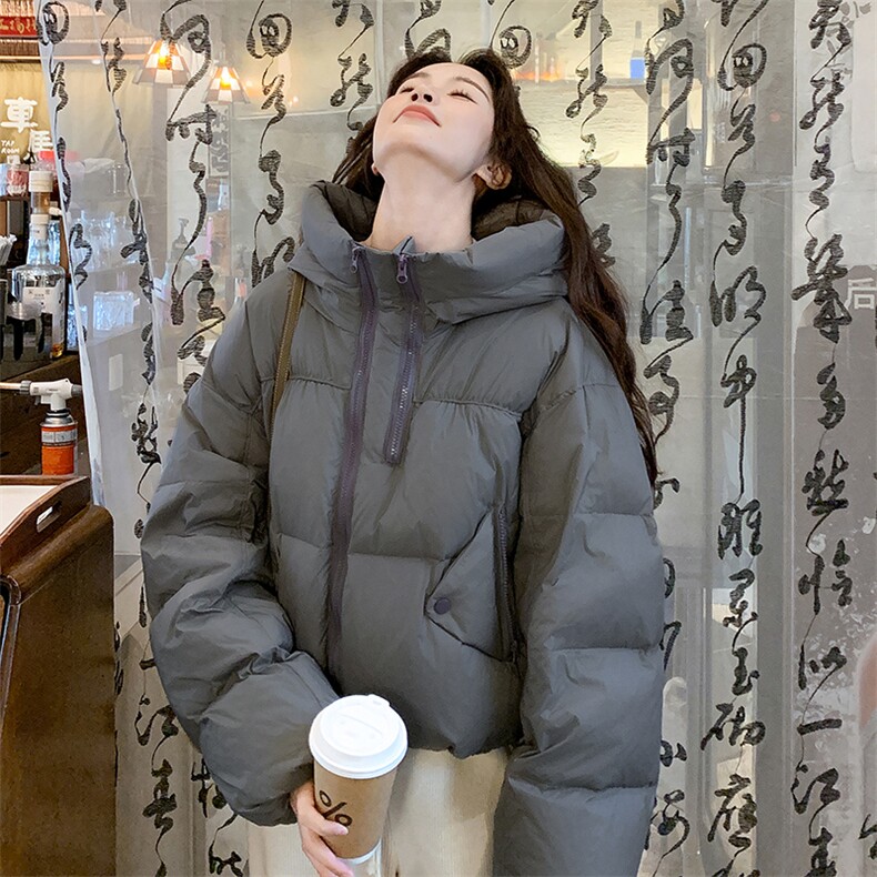 灰色连帽短款羽绒服女2025冬季新款今年流行设计感加厚保暖面包服,女装羽绒服,2C262