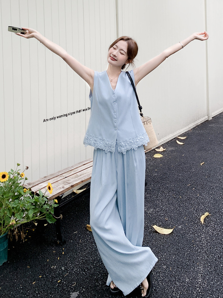 2026夏季新款高级感蕾丝拼接无袖马甲阔腿裤套装女显瘦气质两件套,女装套装/套裙,霓裳依族