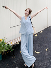 2026夏季新款高级感蕾丝拼接无袖马甲阔腿裤套装女显瘦气质两件套，女装套装/套裙，霓裳依族