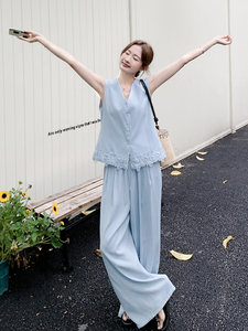 2026夏季新款高级感蕾丝拼接无袖马甲阔腿裤套装女显瘦气质两件套图片