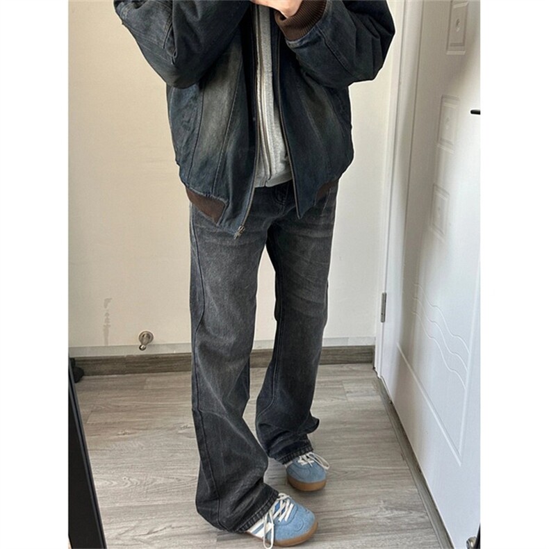 W11113-P48网图现货春季新款黑灰色百搭宽松直筒复古水洗牛仔裤,男装牛仔裤,星座1608
