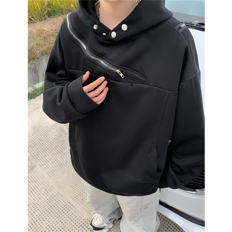 美式解构斜拉链连帽卫衣男女秋冬潮牌小众设计感高街灰色帽衫外套,男装卫衣,星座601-1