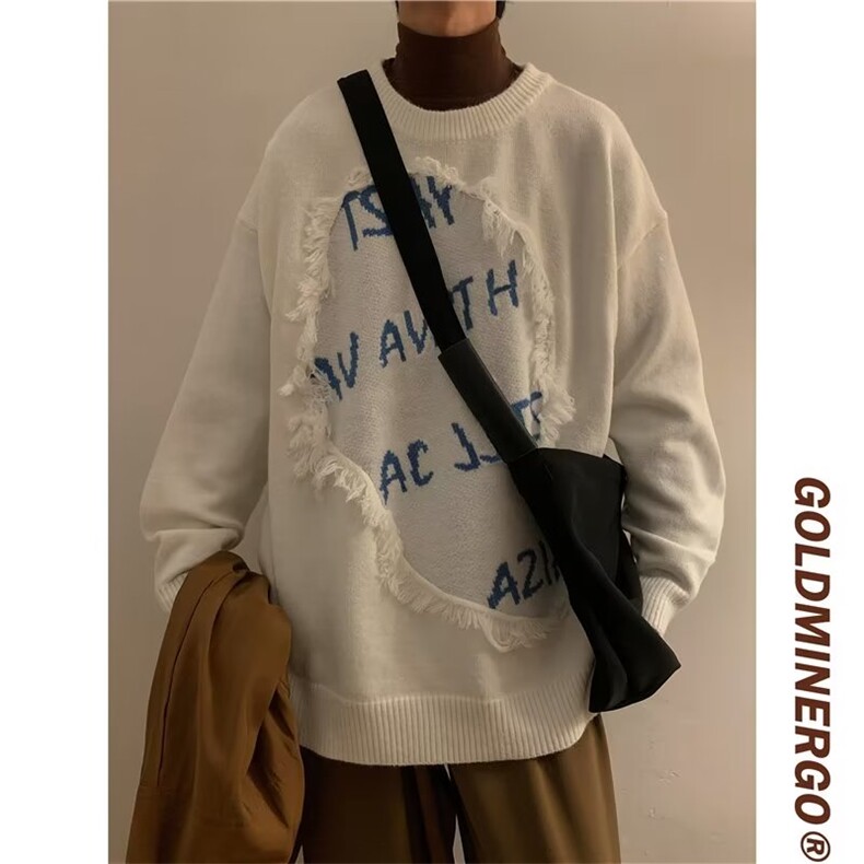 复古美式拼接毛边毛衣男潮牌宽松小众设计感情侣针织衫M9102-p45,男装针织衫/毛衣,星座1008