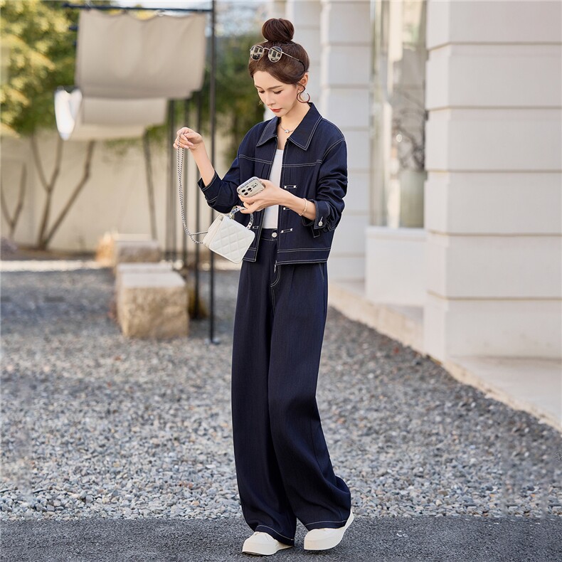 （新款现货）2026春装时尚休闲拉链天丝牛仔阔腿裤套装（两件套）,女装套装/套裙,印象茜